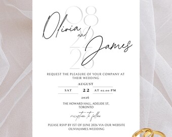 May include: Elegant wedding invitation with the names "Olivia and James" in cursive script. The invitation includes the date, time, and location: August 22, 2026, at 2:00 PM, The Howard Hall, Toronto. Two gold wedding rings are in the lower right corner.