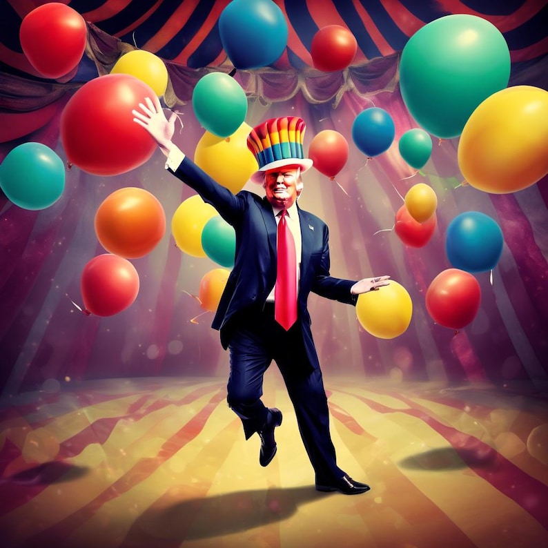 May include: A man wearing a suit and a colorful hat is surrounded by balloons in a circus setting. The balloons are red, blue, green, yellow, and orange.
