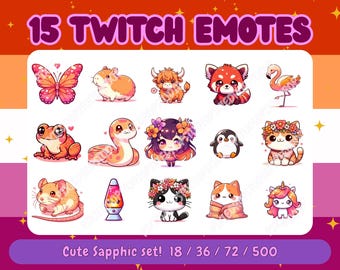 Söt Sapphic Color Theme Twitch Badge Bundle | 15 emotes för gaming, PNGTubers, Discord, YouTube | Bedårande kawaii Discord Stream-karaktär