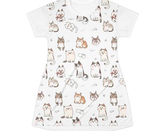 Cute Kawaii Cats Pattern T-Shirt Dress | All-Over Print