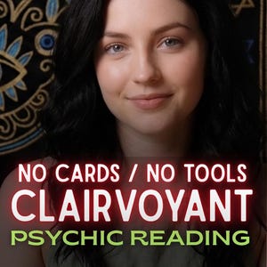 May include: A person with dark hair in front of a black patterned tapestry. The text reads: NO CARDS / NO TOOLS CLAIRVOYANT PSYCHIC READING. A purple banner at the bottom displays a clock icon, the text SAME HOUR DEEP, and a hand writing icon.