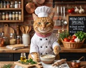 Custom Chef Cat Portrait, Pet Memorial Gift, Pet Portrait, Pet Loss Gift, Personalizable Gift Using Cat Photo, Meow Chefs