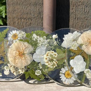 Puede incluir: Cuatro posavasos circulares de resina transparente con flores prensadas incrustadas, incluyendo margaritas blancas, rosas color crema y hojas de helecho verdes. Cada posavasos muestra una disposición única de elementos botánicos secos.