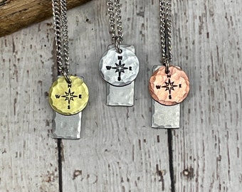 Hand Stamped Compass Necklace: Stainless Steel Travel Jewelry