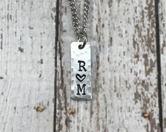 Personalized Small Tag Necklace for Couple with Initials and heart.  Love.