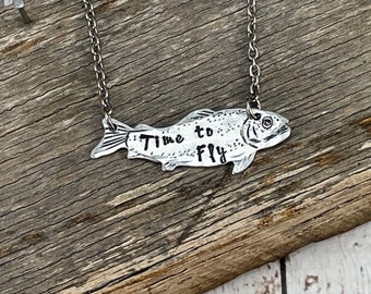 Hand Stamped Aluminum Trout Necklace: Fly Fishing Jewelry