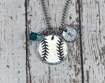 Baseball/Softball - Initial - Birthstone Hand-Stamped Charm Necklace - Sports