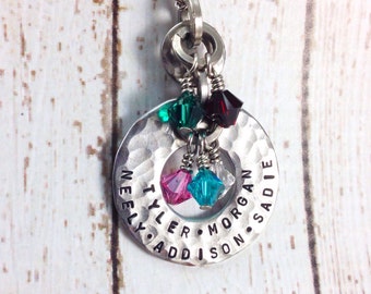 Personalized Family Hand Stamped Necklace with Birthstone Crystals  - mothers - grandmothers