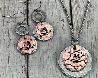 Hand Stamped Owl Necklace and Earring Set: Copper & Stainless Steel
