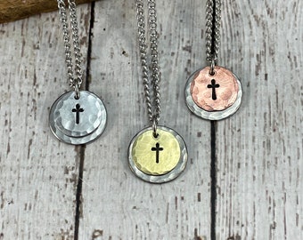 Cross Necklace, Christian Gifts, Cross Pendant, Hand Stamped Cross Necklace, Baptism Gift, Faith Necklace, Copper, Brass, Aluminum