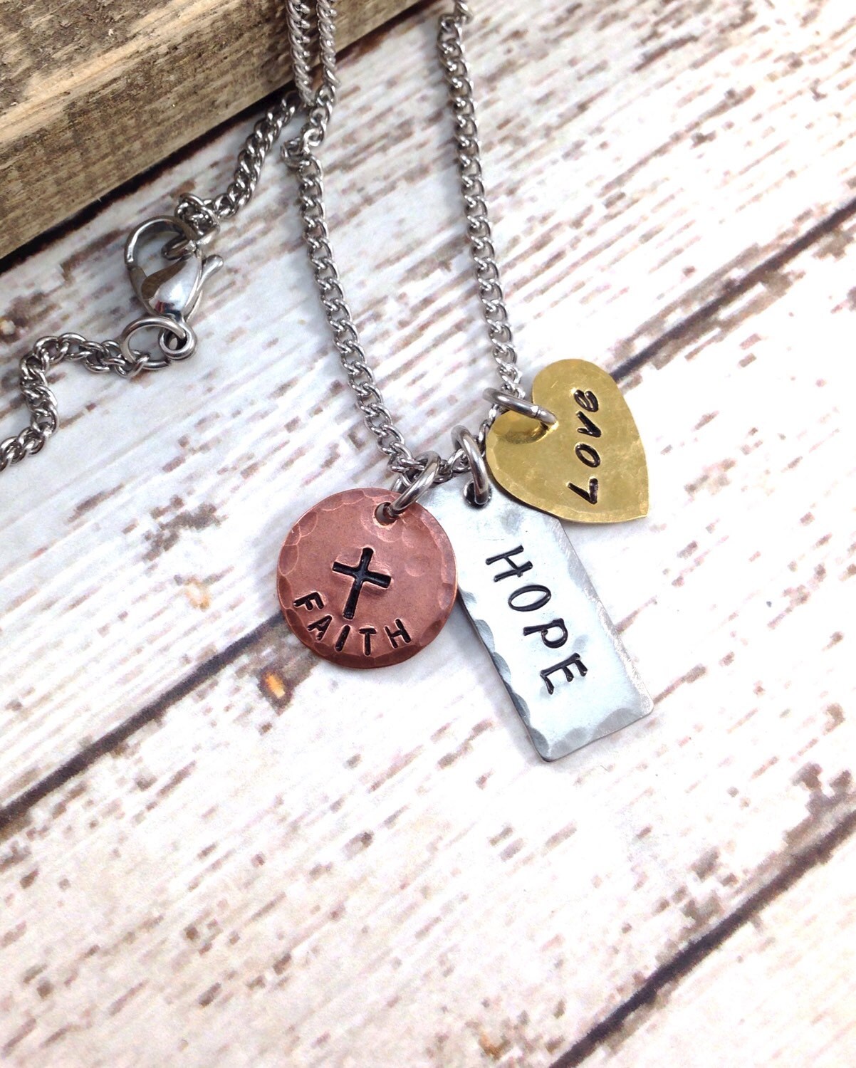 Buy Faith, Hope, Love Hand-stamped Small Charm Necklace