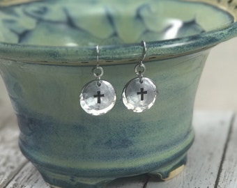Cross Hand-Stamped Earrings, Faith, Inspirational, Christian, Religious, Aluminum and Stainless Steel Hardware