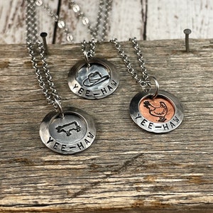 Yee-Haw Necklace, Yee-Haw Jewelry, Chicken Necklace, Farm Life, Animals, Cow Necklace, Cowboy Hat Necklace, Cowboy, Floating Saying Necklace