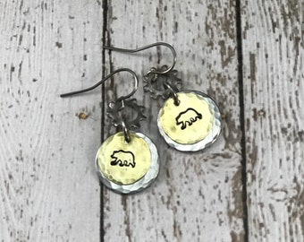 Bear Earrings - handstamped Brass with Stainless Steel Washers, animals, nature, mama bear