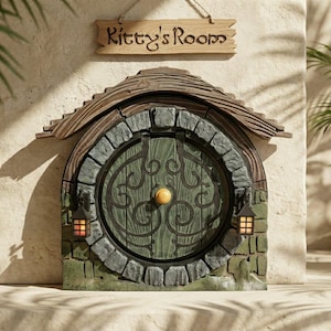 May include: A circular green door with black scrollwork and a central yellow knob, set within a stone-textured frame under a wooden roof. A hanging wooden sign above reads Kitty's Room. Two small lanterns flank the door, which is set against a wall.