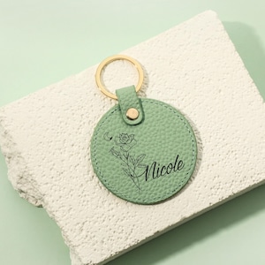 Personalised Leather Keyring, Birth Flower Leather Keychain, Engraved Name Keyring, Birthday Gift, Gift for Her, Bridesmaid Gifts, Christmas
