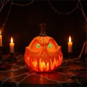 Latarnia z dyni Jack O'Lantern ze świecącymi oczami, świecznik LED, centralny element stołu na Halloween, upiorna dekoracja domu na imprezę