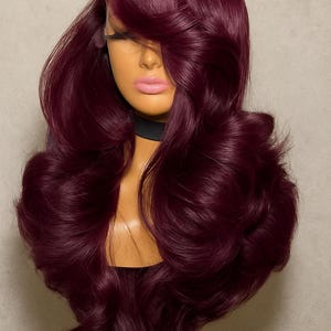 Plum Layered Lace Front Wig – Soft Waves, Pre-Plucked & Styled, Heat Safe Human Hair