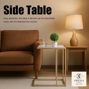 Modern C-Shaped Side Table – Marble Accent Table with Gold Metal Frame – Small Sofa End Table for Living Room Bedroom or Couch