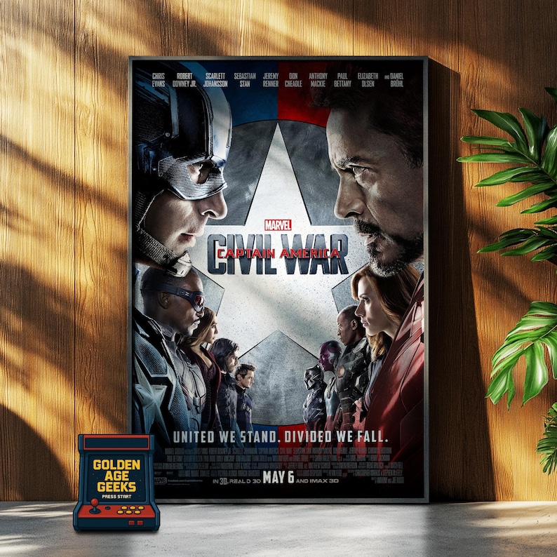 Może przedstawiać: Plakat filmowy do filmu Marvela Captain America: Civil War. Na plakacie widnieje Captain America i Iron Man stojący naprzeciwko siebie, z innymi postaciami z filmu w tle. Tekst na plakacie brzmi "Marvel's Captain America: Civil War", "United We Stand. Divided We Fall.", "In 3D RealD 3D and IMAX 3D", oraz "May 6".