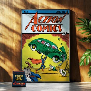 Puede incluir: Una portada de cómic vintage que muestra a Superman levantando un coche verde. La portada se titula "Action Comics" con el número de edición "No. 1" y la fecha "junio de 1938".
