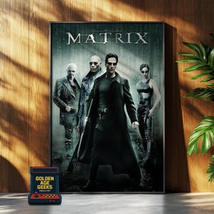 May include: A movie poster for the film "The Matrix" featuring four characters in dark clothing. The characters are standing in front of a green background with a digital code pattern. The title "MATRIX" is displayed in white letters at the top of the poster.