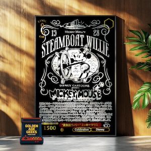 Puede incluir: Póster en blanco y negro de Steamboat Willie con Mickey Mouse al timón de un barco. El póster incluye el texto "Disney Cartoons present Mickey Mouse Sound Cartoon". Un juego de arcade Golden Age Geeks está en primer plano.