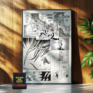 Puede incluir: Impresión artística en blanco y negro enmarcada de cómic con paneles de manga que muestran escenas de acción y bocadillos. La impresión presenta ilustraciones dinámicas de personajes. Un pequeño juego de arcade retro está en primer plano con el texto "GOLDEN AGE GEEKS PRESS START".