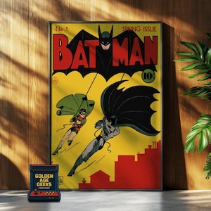 Könnte beinhalten: Ein Vintage-Comic-Cover mit Batman und Robin. Das Cover ist gelb mit roten und schwarzen Buchstaben. Der Titel lautet "BATMAN" mit der Nummer "1" und den Worten "SPRING ISSUE" auf dem Cover. Der Preis beträgt "10c".