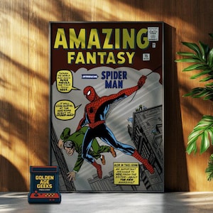 May include: A vintage comic book cover featuring Spider-Man swinging through a city. The cover is red, white, and blue with the title "Amazing Fantasy" and the text "Introducing Spider-Man".