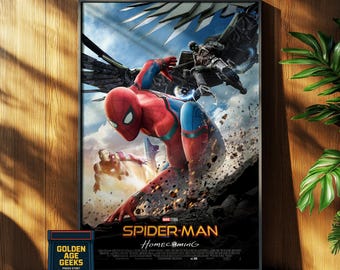 May include: A movie poster for the Marvel Cinematic Universe film Spider-Man: Homecoming. The poster features Spider-Man in his red and blue suit, swinging through the air. The Vulture, a villain in the film, is flying behind him. The poster also features the text "Spider-Man: Homecoming".