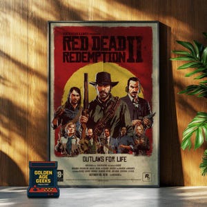 Puede incluir: Un póster para el videojuego Red Dead Redemption 2, que presenta a un grupo de vaqueros en un entorno del oeste. El póster es rojo, blanco y negro con el título del juego en letras grandes y en negrita. El texto "Outlaws for Life" está en la parte inferior del póster.