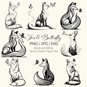 May include: A collection of black and white fox and butterfly clipart. The foxes are depicted in various poses, with butterflies near their faces. The set includes both detailed and stylized illustrations, suitable for digital art projects. The text in the image says "Fox & Butterfly PNG | JPG | SVG Black and White Vector-Style Clipart Set."