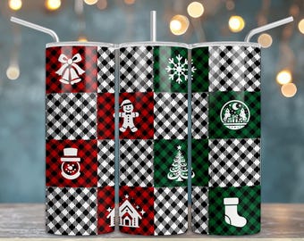 Christmas Checker Plaid 20oz Skinny Tumbler Wrap PNG Digital Download