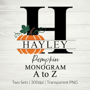 Puede incluir: Letra negra "H" con una calabaza naranja y hojas verdes. El nombre "Hayley" está escrito en negro, con las palabras "Pumpkin Monogram A to Z" debajo. El fondo es blanco con un patrón de vetas de madera.