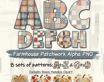 Puede incluir: Imagen digital con las letras ABC y DEFGH en un diseño de patchwork. La imagen incluye el texto "Farmhouse Patchwork Alpha PNG" y "8 conjuntos de patrones: A a Z y 0 a 9". También se incluye un clipart de calabaza de bonificación.