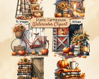 May include: Watercolour clipart depicting rustic farmhouse scenes with pumpkins, sunflowers, and plaid blankets. Includes a red bicycle, a barn, and a wooden ladder. The text reads "Rustic Farmhouse Watercolor Clipart" and "15 Images".
