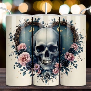 Skull Roses Hearts Tumbler Wrap, Gothic Skull 20 oz Skinny Straight Sublimation Tumbler Design, Spooky Skeleton PNG Digital Download
