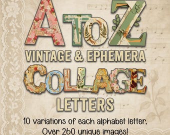 Vintage Ephemera Collage Alphabet, A-Z PNG Clipart (Digital Download)