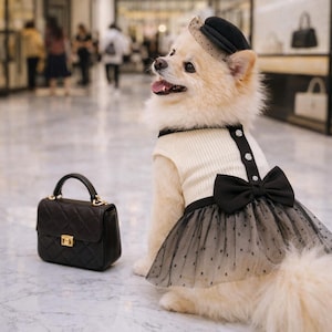 May include: A cream-colored Pomeranian dog wearing a black hat and a dress with a black bow and tulle skirt. A black quilted handbag with a gold clasp sits nearby. The dog is in a shopping mall.