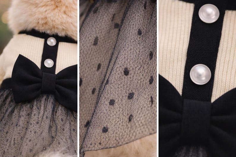 May include: A cream-colored pet dress with a black bow and a black collar. The dress features a black polka dot tulle skirt and pearl-like buttons. The dress is designed for a small dog or cat.