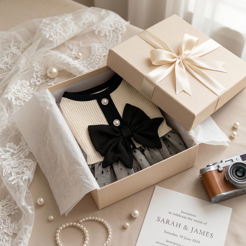 May include: A cream-colored pet dress with a black bow and pearl accents, presented in a gift box with a satin ribbon. The box is open, revealing the dress, and is accompanied by a vintage camera and a wedding invitation.