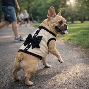 May include: A tan French Bulldog wearing a cream-colored dog sweater with a black bow and trim. The sweater has black buttons down the front. The dog is walking on a paved path in a park.