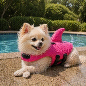 May include: A small, wet, cream-colored dog wearing a bright pink shark fin life vest. The dog is lying down on a stone surface next to a swimming pool. The vest has black buckles and a shark fin on the back.