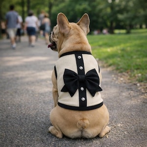 May include: A tan French Bulldog wearing a cream-colored dog vest with a black bow and black trim. The vest has three decorative buttons. The dog is sitting on a paved path in a park, with people walking in the background.