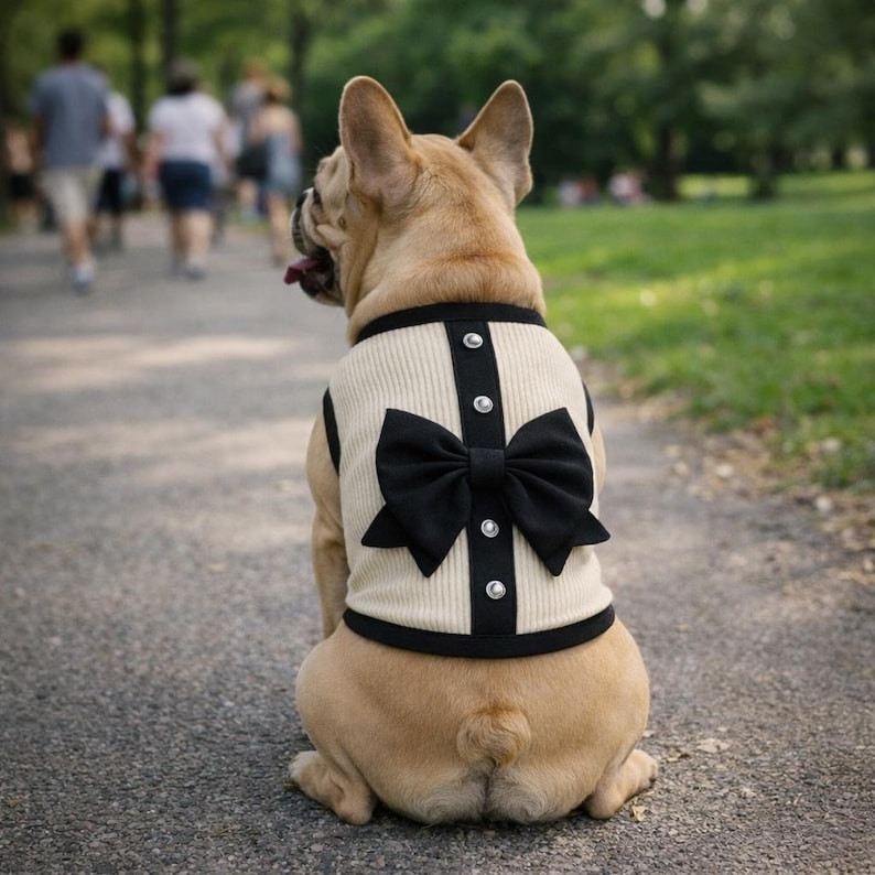 May include: A tan French Bulldog wearing a cream-colored dog vest with a black bow and black trim. The vest has three decorative buttons. The dog is sitting on a paved path in a park, with people walking in the background.