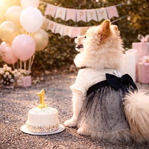 May include: A fluffy, light-colored dog wearing a white dress with a black bow and a black tulle skirt. A small cake with a gold number one candle sits in front of the dog. Balloons and a banner that says "Happy Birthday" are in the background.