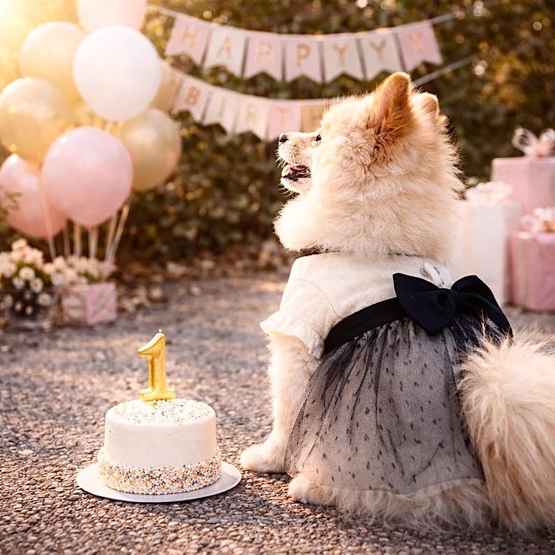 May include: A fluffy, light-colored dog wearing a white dress with a black bow and a black tulle skirt. A small cake with a gold number one candle sits in front of the dog. Balloons and a banner that says "Happy Birthday" are in the background.