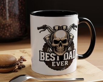 Best Dad Ever Motorcycle and Skull Accent Coffee Mug, Unique Biker Dad Cup,  15oz Ceramic Coffee Mug