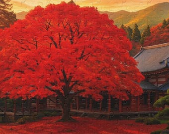 May include: A vibrant red maple tree stands in the foreground of a Japanese garden, its leaves covering the ground in a carpet of crimson. A traditional Japanese temple with a grey tiled roof is visible in the background, surrounded by lush green foliage.